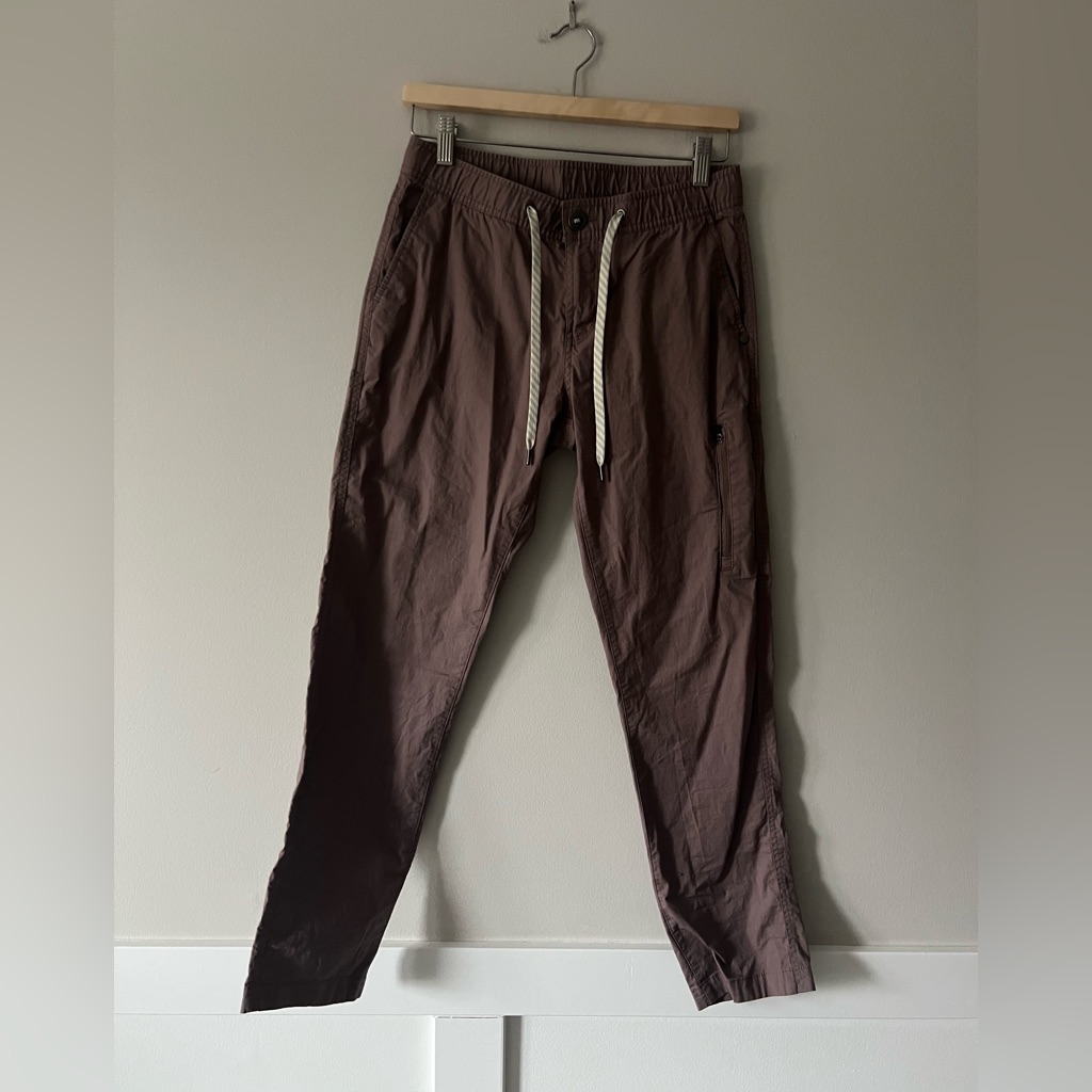 Vuori Ripstop Drawstring Jogger Pants Brown Elastic Waist Zip Pocket Size 28